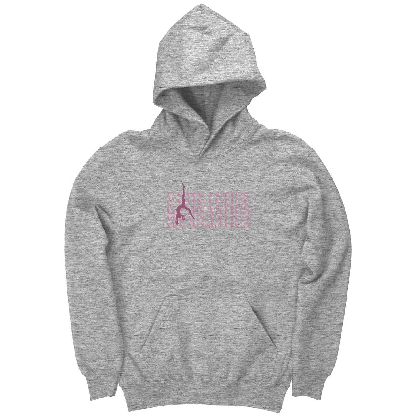 Sport Grey Back Walkover Children's Gymnastics Hoodie. Has a pink design that says Gymnastics with a female gymnast doing a back walkover on the front.