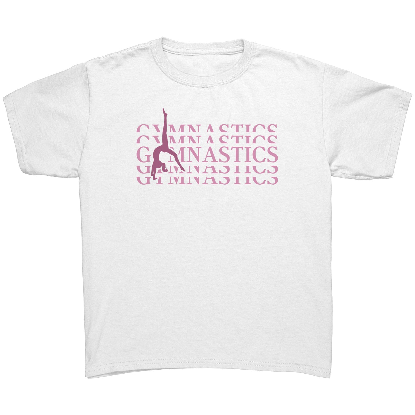 White Back Walkover kids gymnastics t-shirt. Has a pink design that says Gymnastics with a female gymnast doing a back walkover on the front.