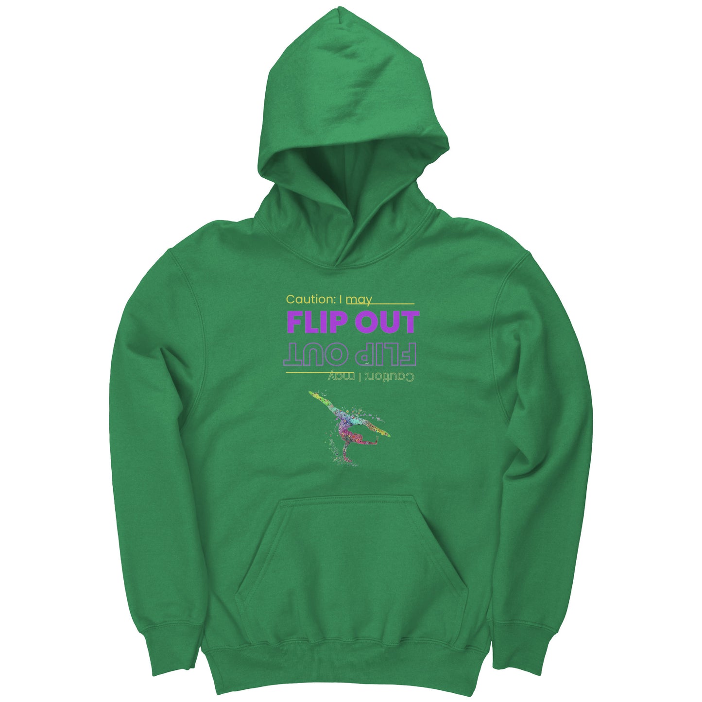 This Irish Green colored children's hoodie says "Caution: I May Flip Out" in text that is positioned both upside right and upside down. Accompanying the text is a brightly colored female gymnast confidently flipping through the air.