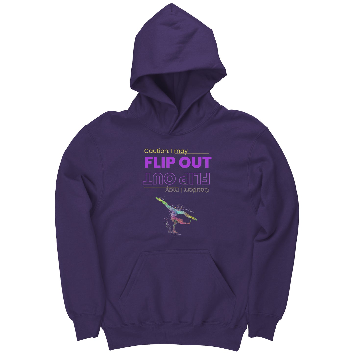 This purple colored children's hoodie says "Caution: I May Flip Out" in text that is positioned both upside right and upside down. Accompanying the text is a brightly colored female gymnast confidently flipping through the air.