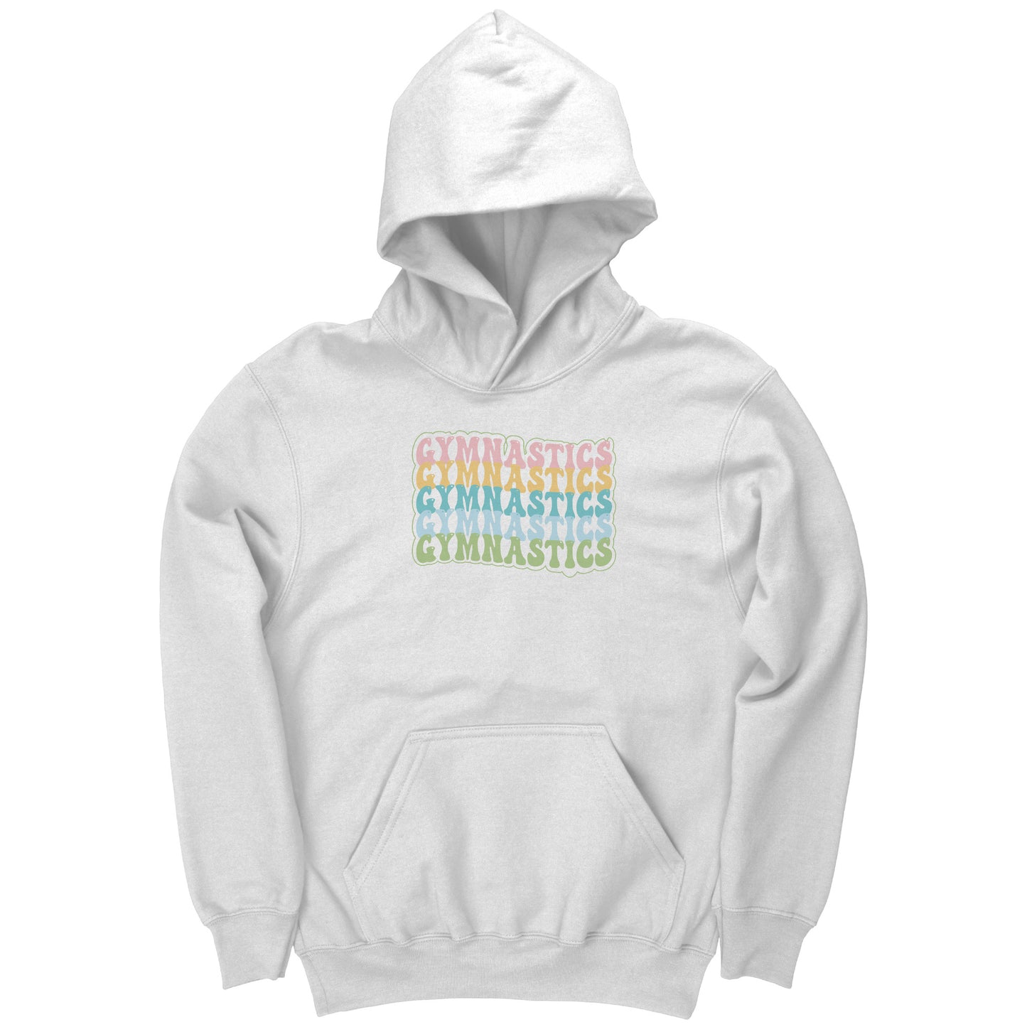 White colored Children's Gymnastics Bubble Font Hoodie. It says gymnastics five times down the front in a fun bubble font in pink, yellow, teal, blue and green.