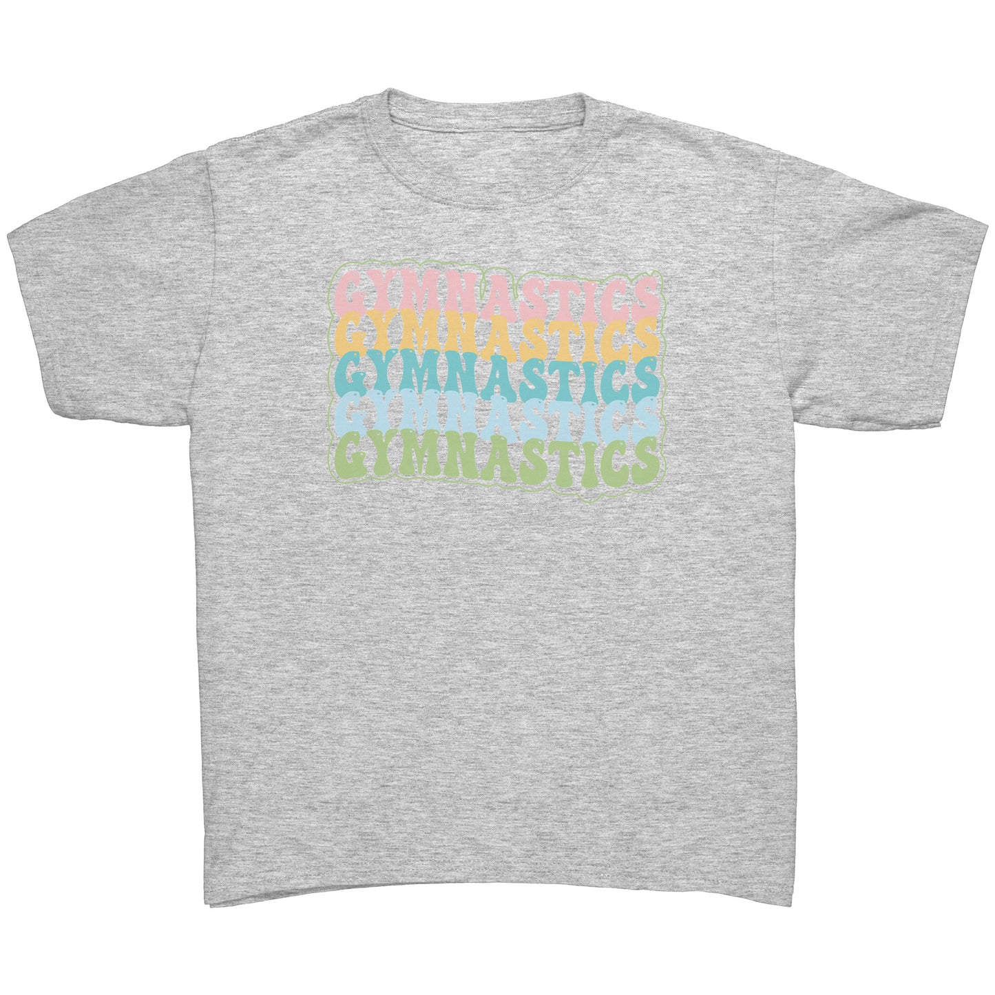 Children's Gymnastics Bubble Font T-shirt in ash grey. It says gymnastics five times down the front in a fun bubble font in pink, yellow, teal, blue and green.