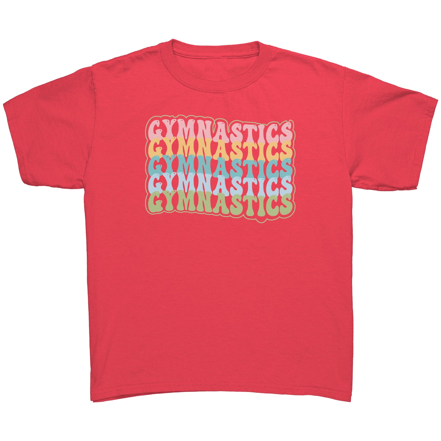Children's Gymnastics Bubble Font T-shirt in coral silk. It says gymnastics five times down the front in a fun bubble font in pink, yellow, teal, blue and green.