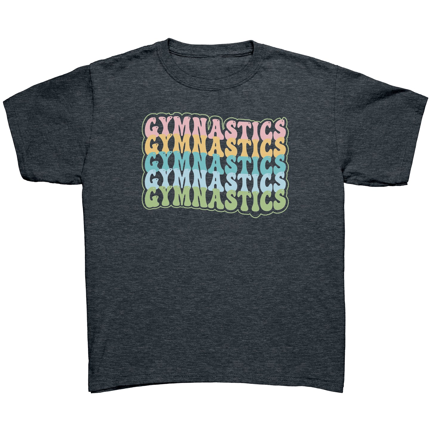 Children's Gymnastics Bubble Font T-shirt in charcoal. It says gymnastics five times down the front in a fun bubble font in pink, yellow, teal, blue and green.