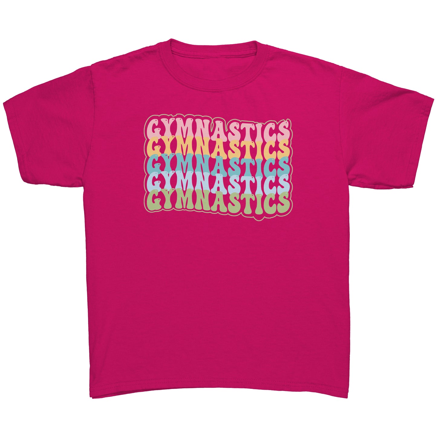 Children's Gymnastics Bubble Font T-shirt in azalea. It says gymnastics five times down the front in a fun bubble font in pink, yellow, teal, blue and green.