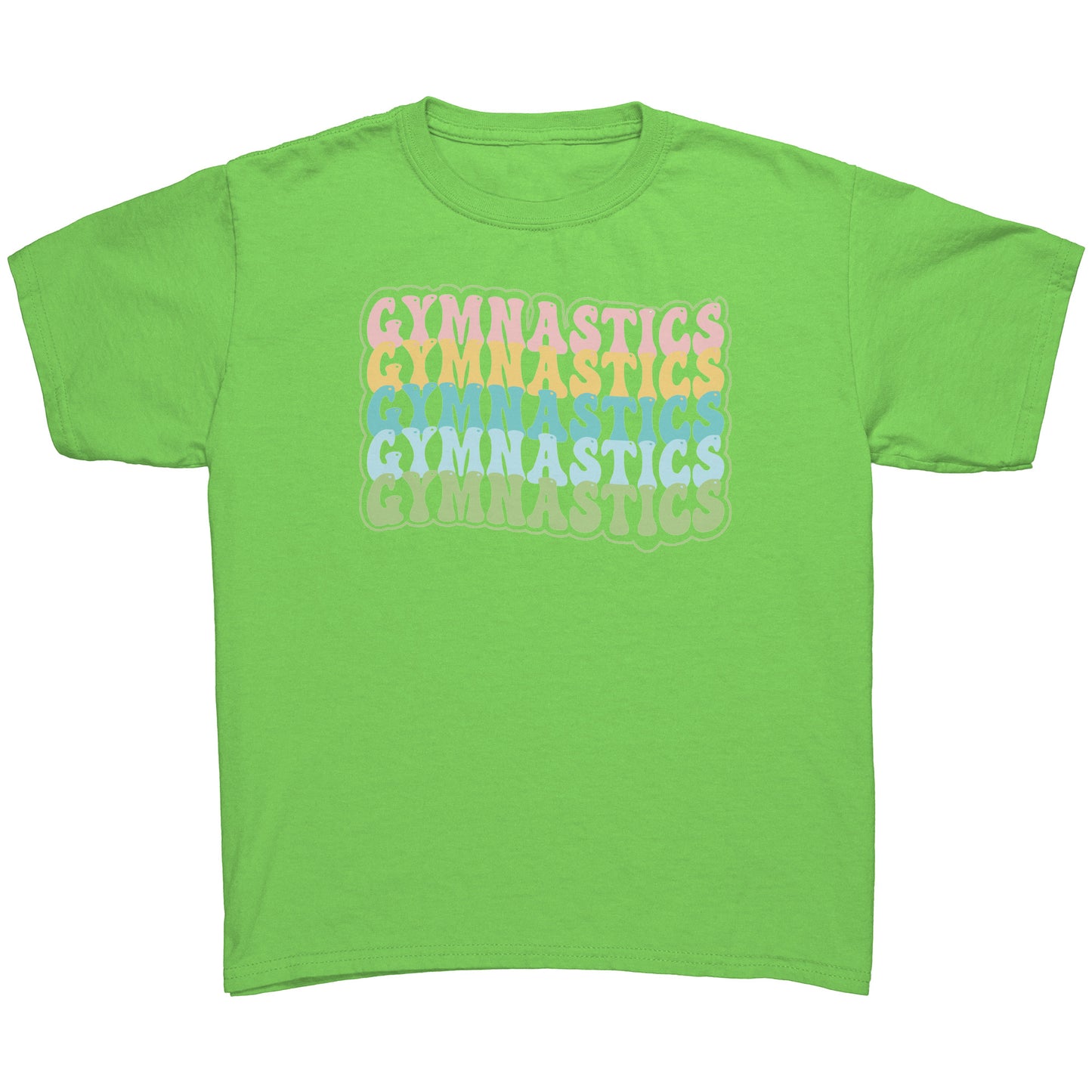 Children's Gymnastics Bubble Font T-shirt in lime green. It says gymnastics five times down the front in a fun bubble font in pink, yellow, teal, blue and green.