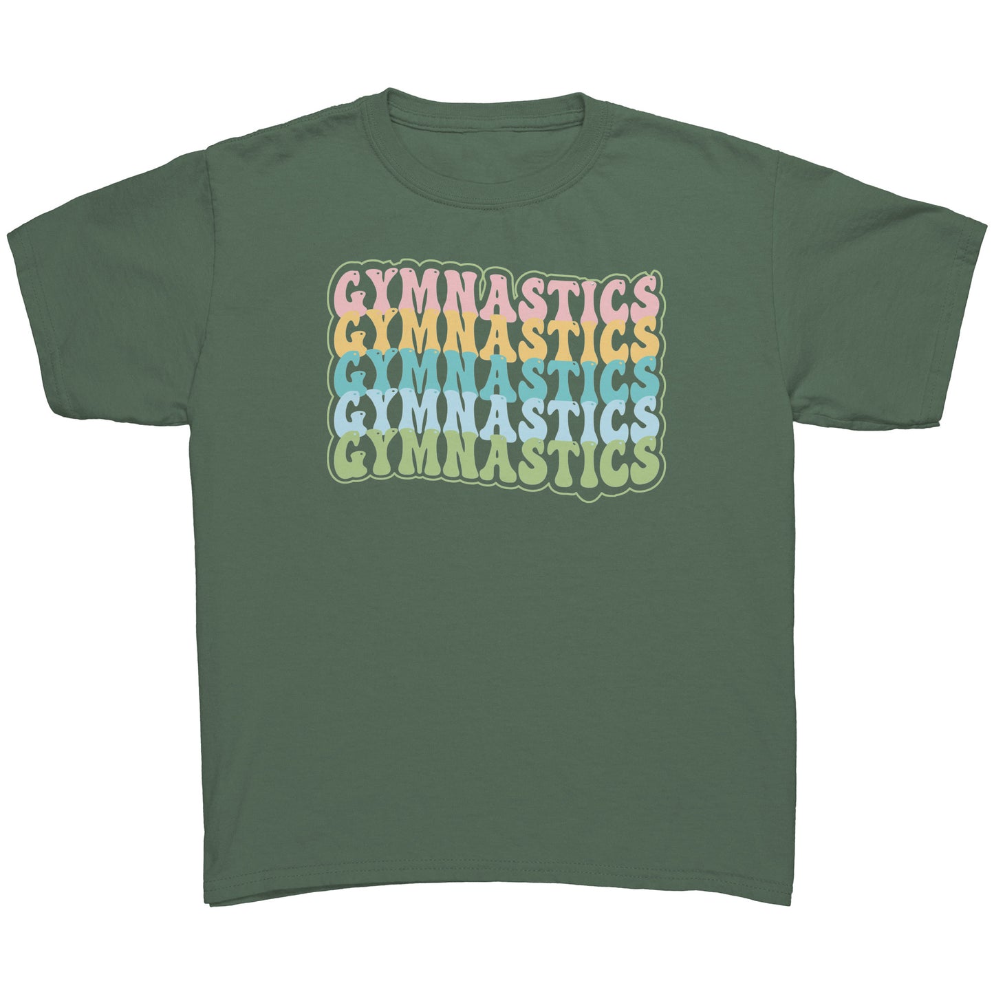 Children's Gymnastics Bubble Font T-shirt in military green. It says gymnastics five times down the front in a fun bubble font in pink, yellow, teal, blue and green.
