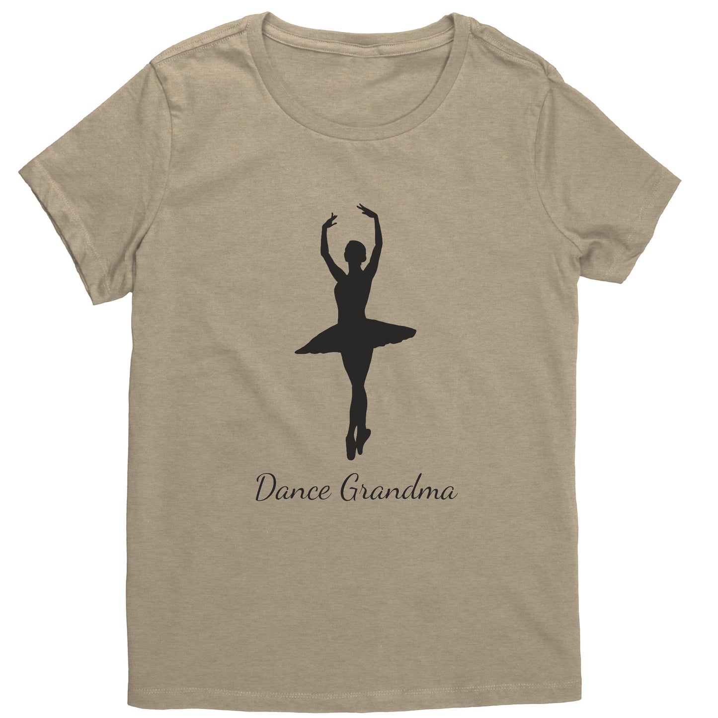 Heathered Latte Dance Grandma T-Shirt, features a beautiful image of a ballerina on the front above the words "Dance Grandma"