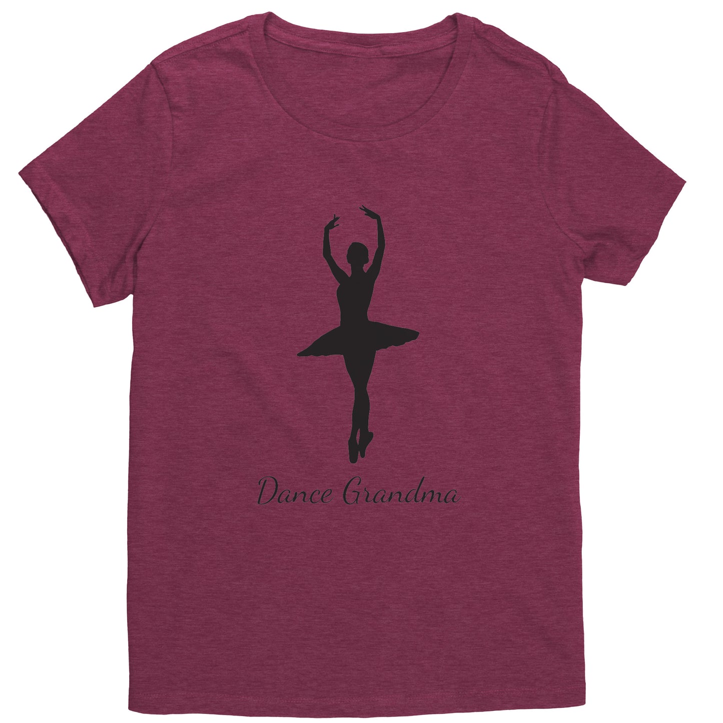 Heathered Loganberry Dance Grandma T-Shirt, features a beautiful image of a ballerina on the front above the words "Dance Grandma"