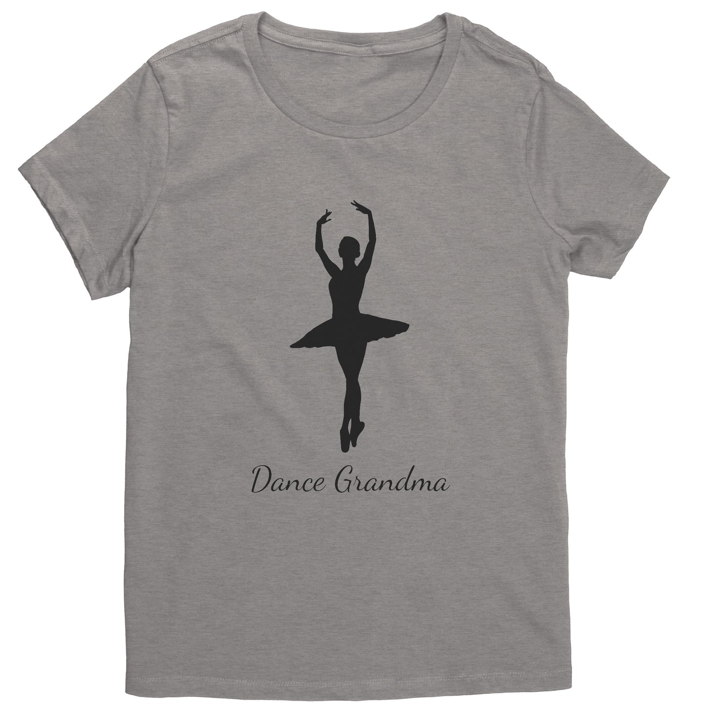 Heathered Steel Dance Grandma T-Shirt, features a beautiful image of a ballerina on the front above the words "Dance Grandma"