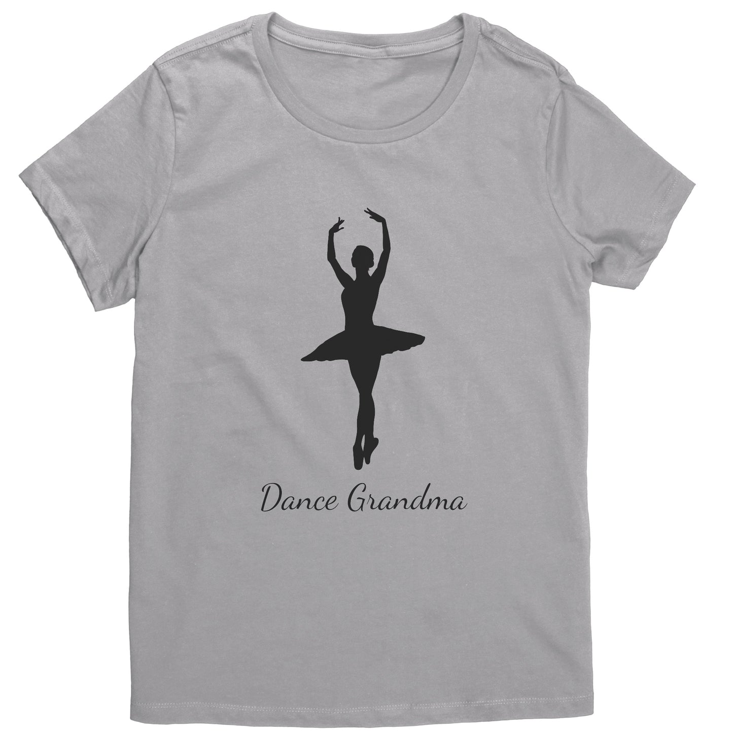 Silver Dance Grandma T-Shirt, features a beautiful image of a ballerina on the front above the words "Dance Grandma"
