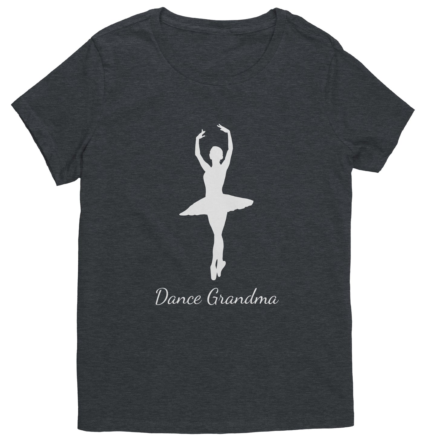 Heathered Charcoal Colored Dance Grandma T-Shirt, features a beautiful white colored image of a ballerina on the front above the words " Dance Grandma" in white script.