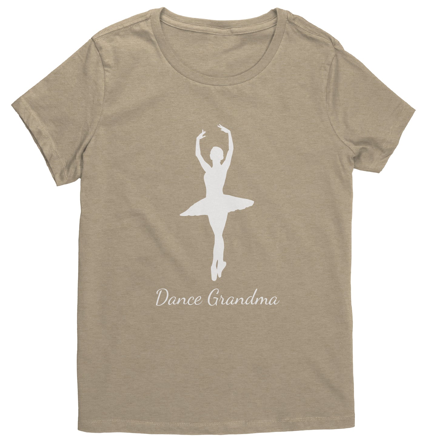 Heathered Latte Colored Dance Grandma T-Shirt, features a beautiful white colored image of a ballerina on the front above the words " Dance Grandma" in white script.