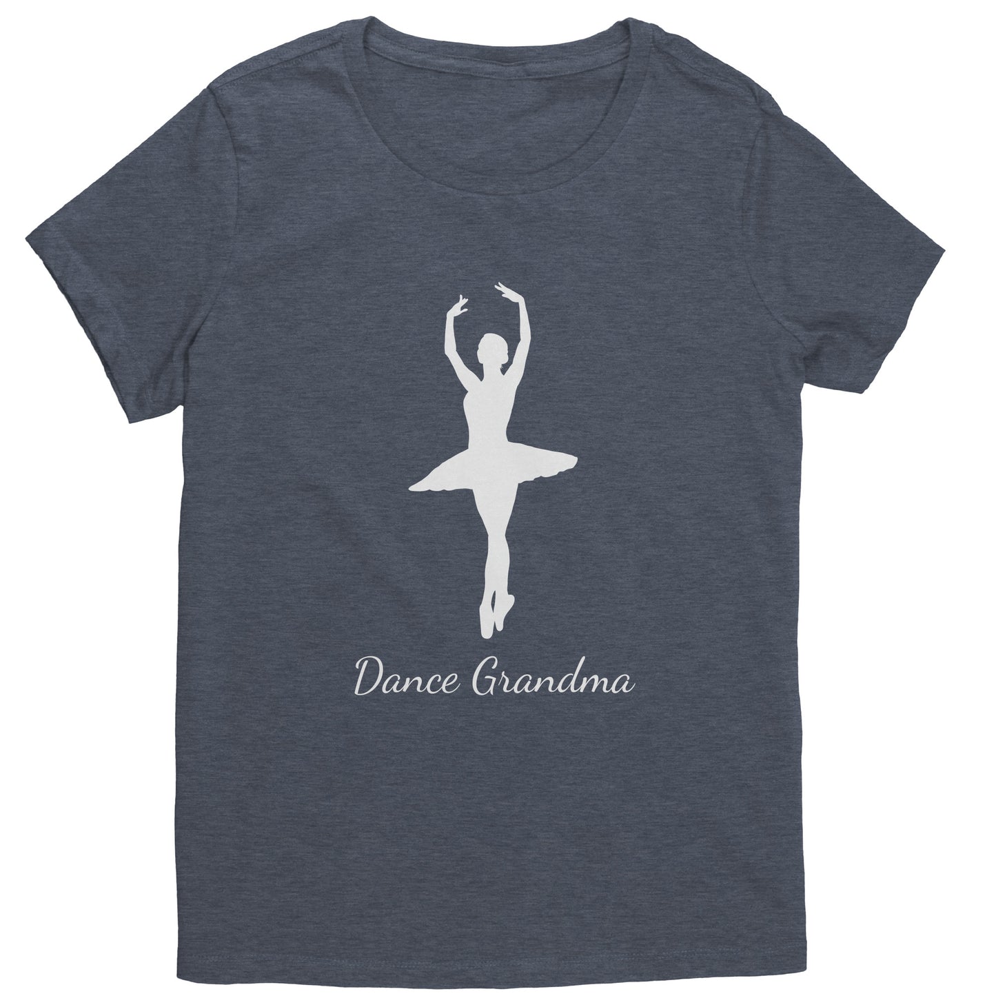 Heathered Navy Colored Dance Grandma T-Shirt, features a beautiful white colored image of a ballerina on the front above the words " Dance Grandma" in white script.