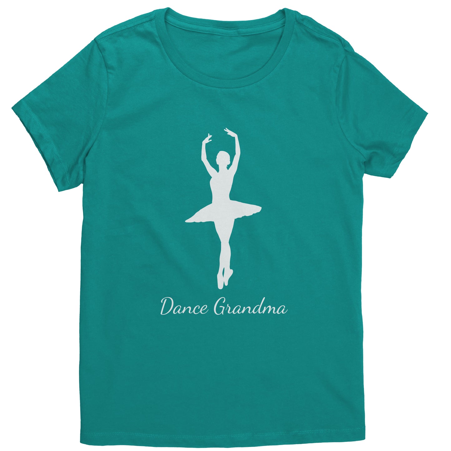Jade Colored Dance Grandma T-Shirt, features a beautiful white colored image of a ballerina on the front above the words " Dance Grandma" in white script.