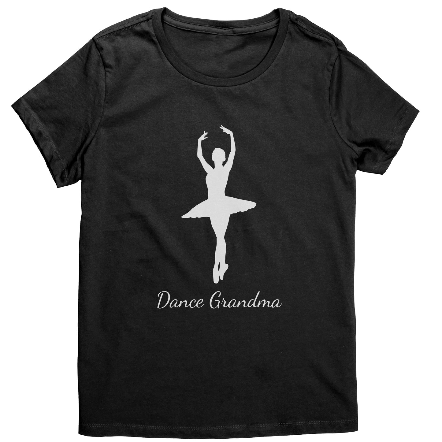Jet Black Colored Dance Grandma T-Shirt, features a beautiful white colored image of a ballerina on the front above the words " Dance Grandma" in white script.