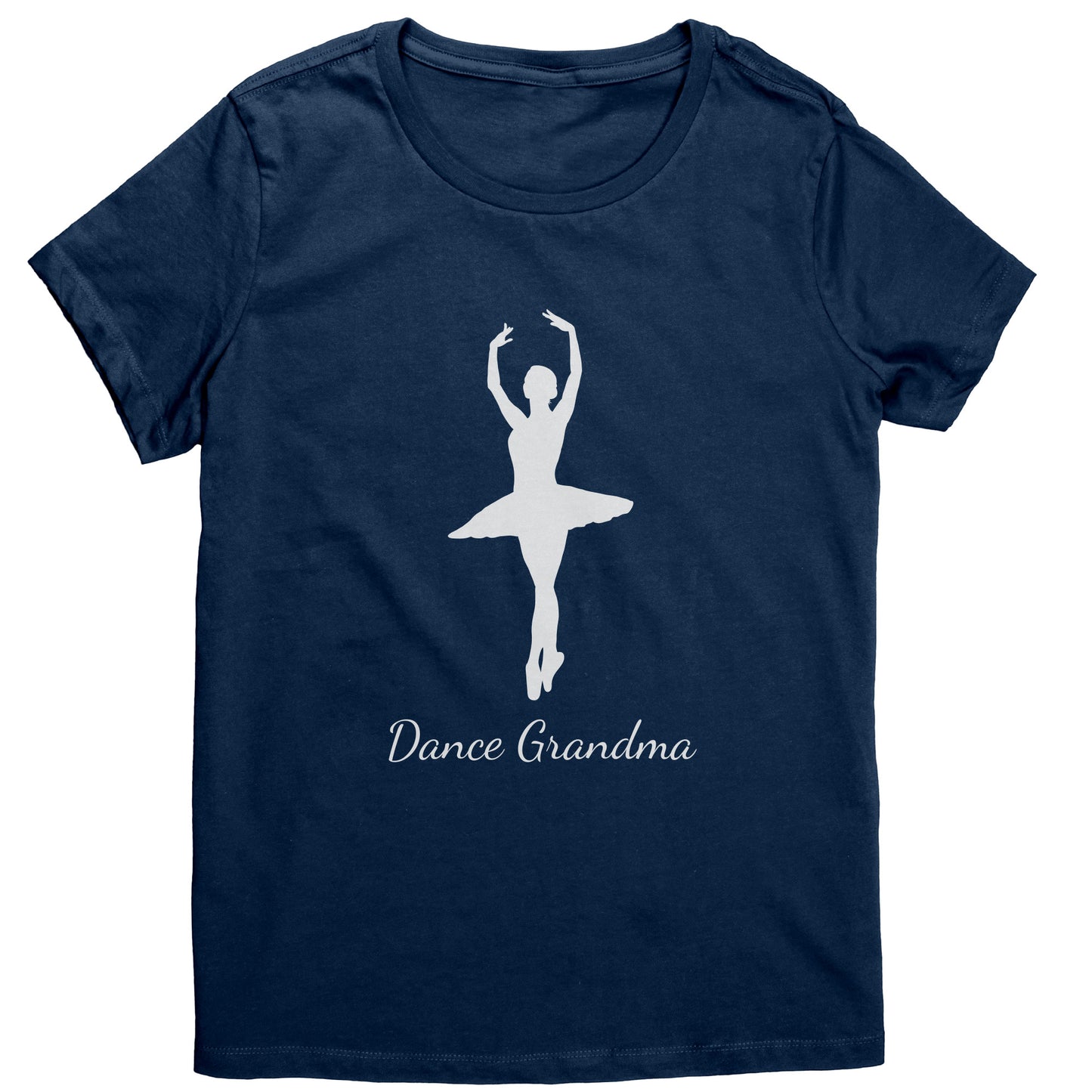 New Navy Colored Dance Grandma T-Shirt, features a beautiful white colored image of a ballerina on the front above the words " Dance Grandma" in white script.