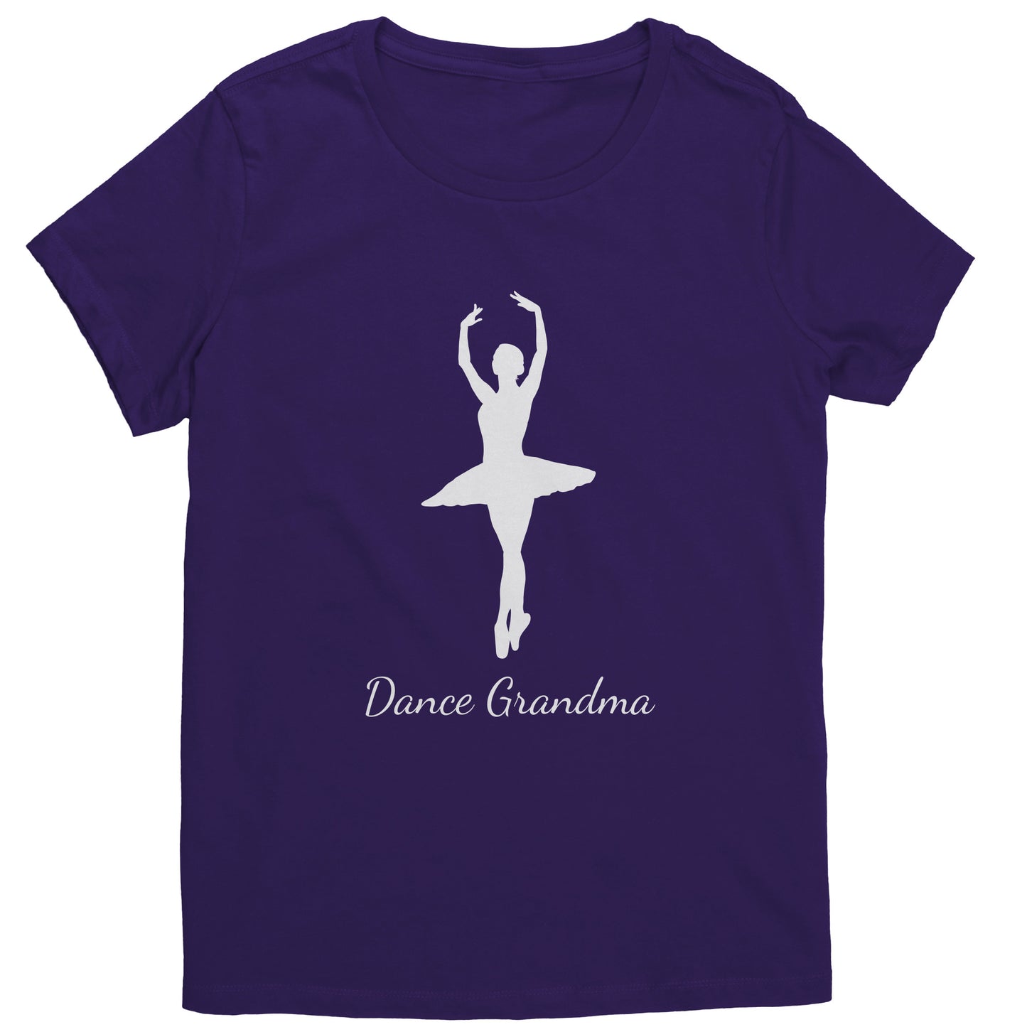 Purple Colored Dance Grandma T-Shirt, features a beautiful white colored image of a ballerina on the front above the words " Dance Grandma" in white script.