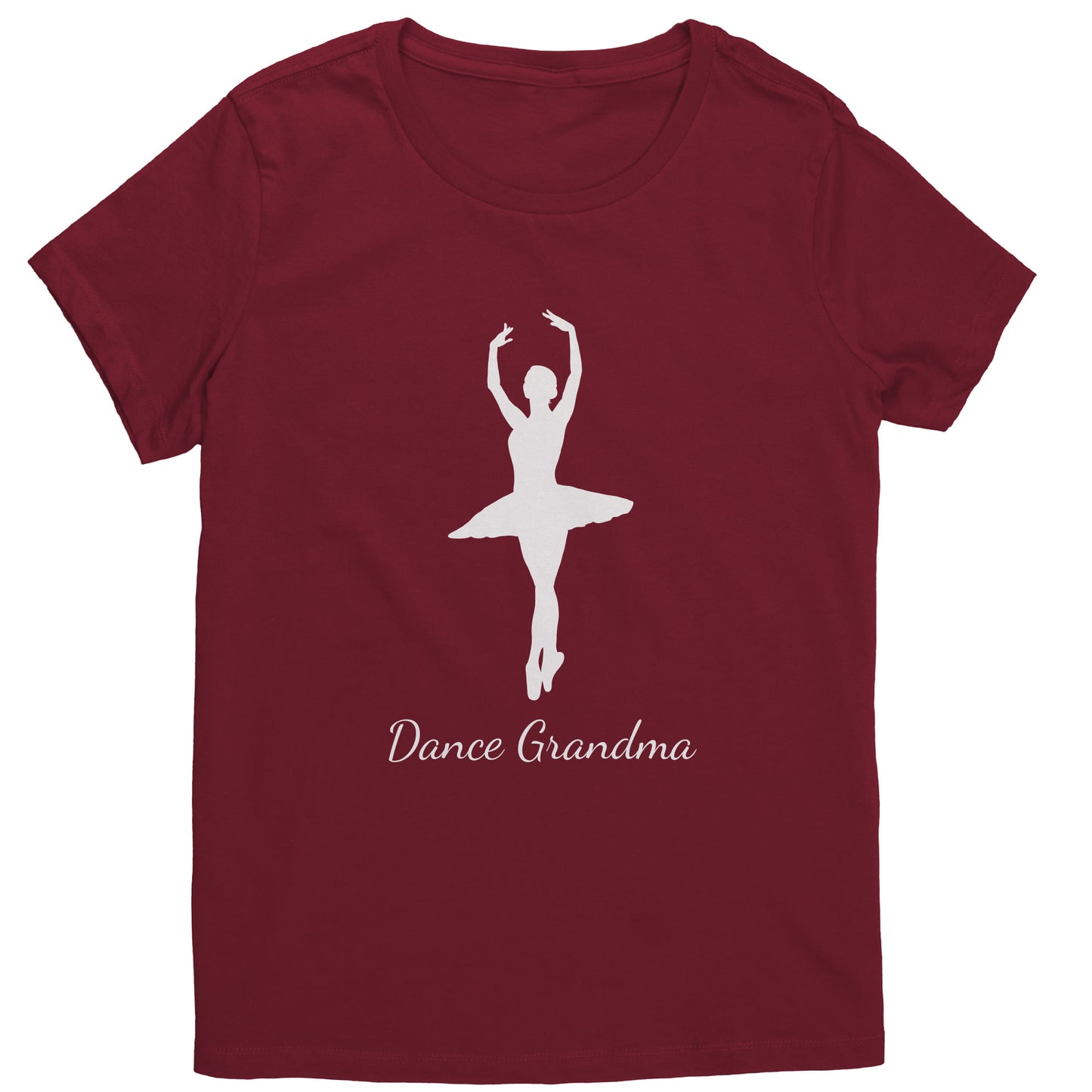 Sangria Colored Dance Grandma T-Shirt, features a beautiful white colored image of a ballerina on the front above the words " Dance Grandma" in white script.
