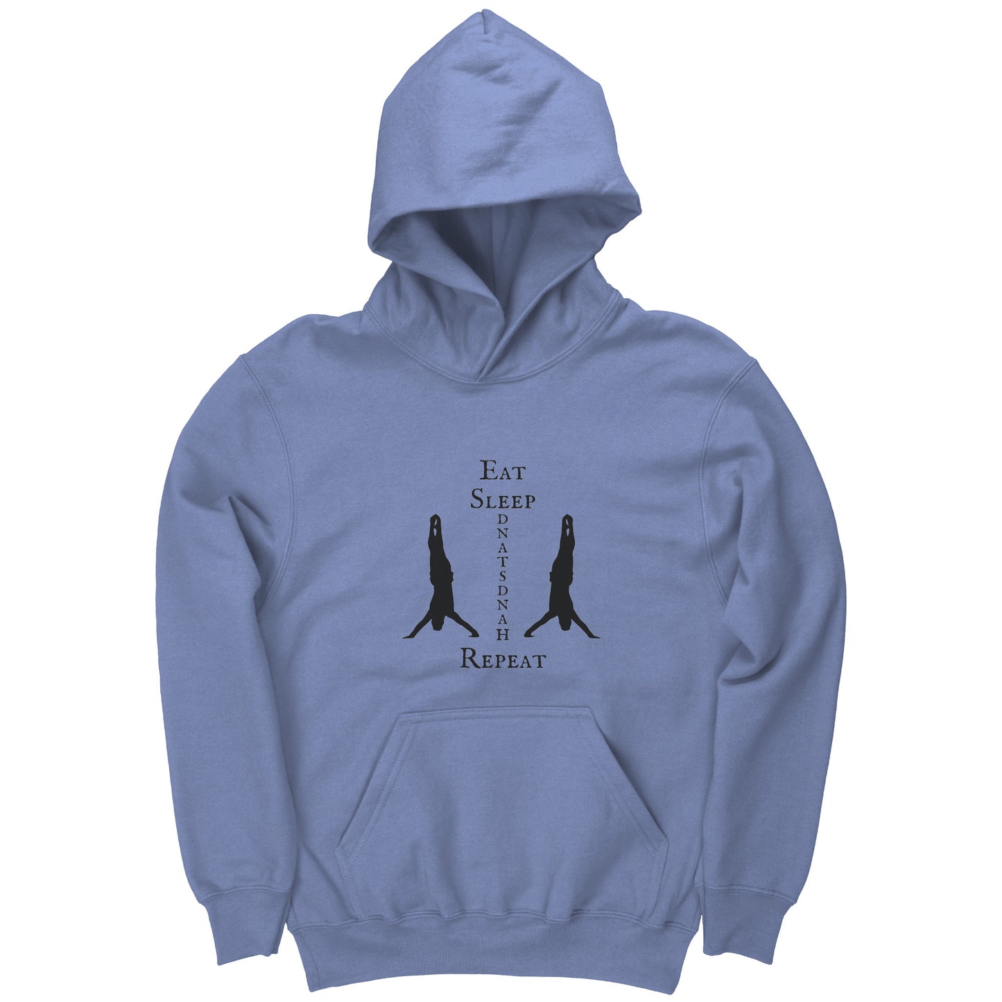 Carolina Blue colored Eat, Sleep, Handstand Repeat Children's Gymnastics hoodie. This hoodie says Eat Sleep Handstand Repeat and features two gymnastics in handstands on the front.