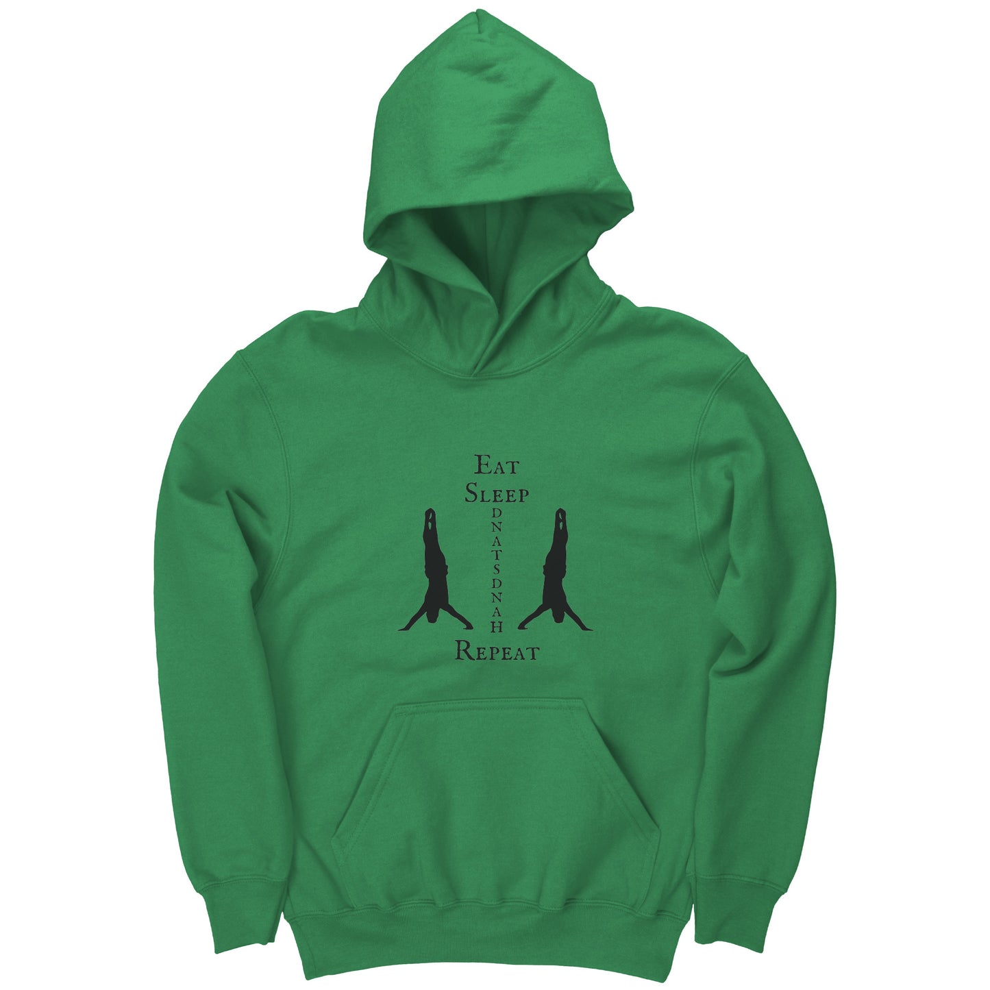 Irish Green colored Eat, Sleep, Handstand Repeat Children's Gymnastics hoodie. This hoodie says Eat Sleep Handstand Repeat and features two gymnastics in handstands on the front.