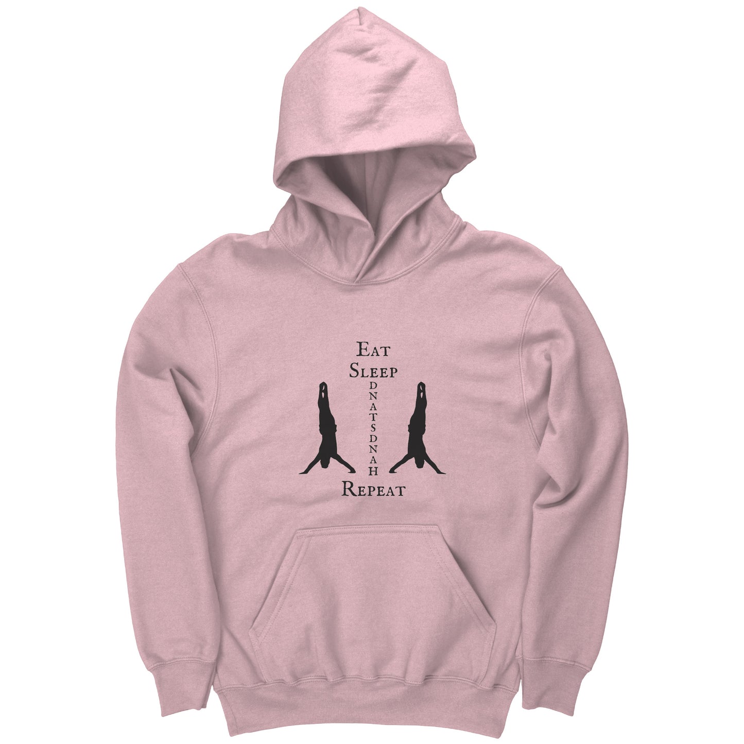 Light Pink colored Eat, Sleep, Handstand Repeat Children's Gymnastics hoodie. This hoodie says Eat Sleep Handstand Repeat and features two gymnastics in handstands on the front.