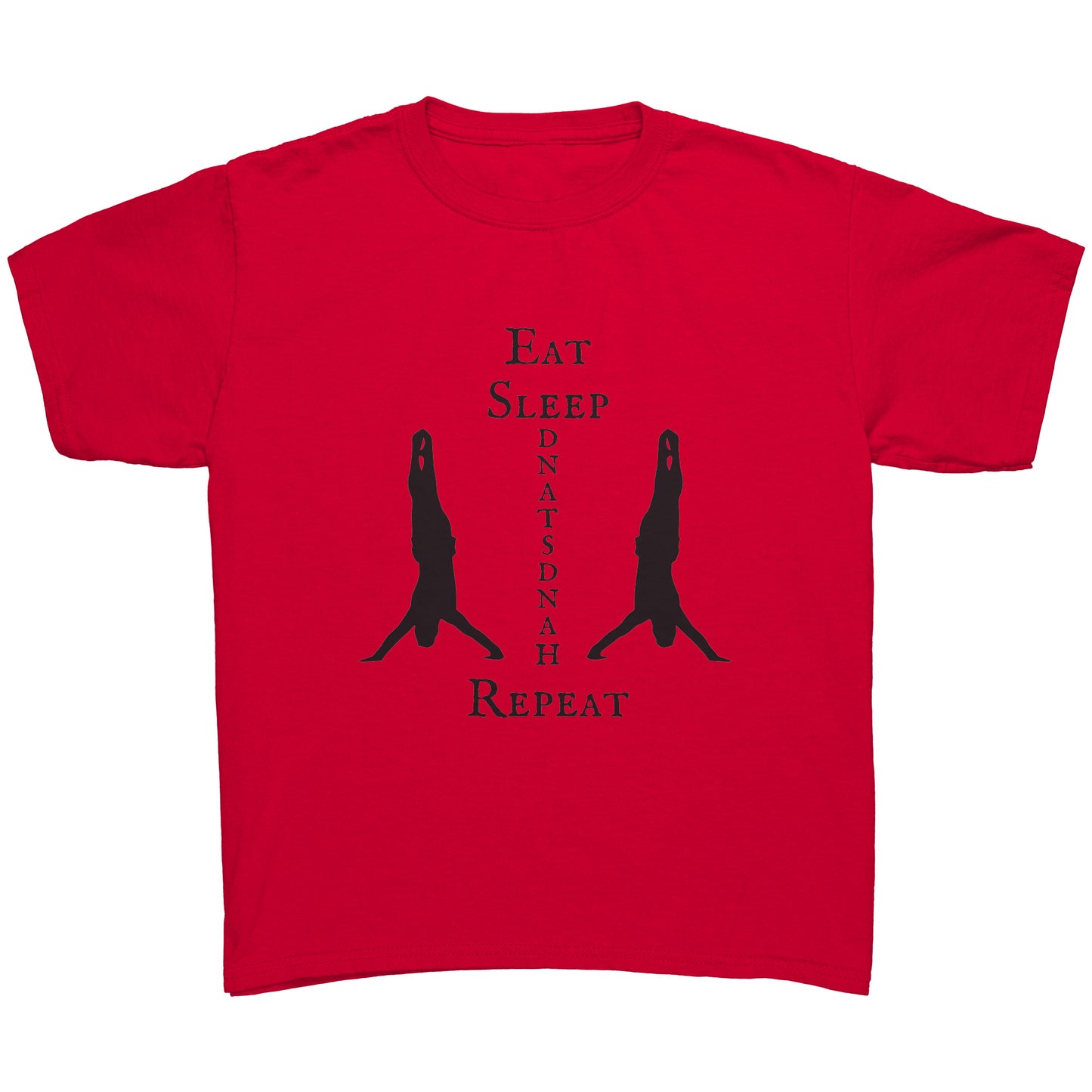 Eat, Sleep, Handstand Repeat Children's Gymnastics T-shirt in Red. This t-shirt says Eat Sleep Handstand Repeat and features two gymnastics in handstands on the front.