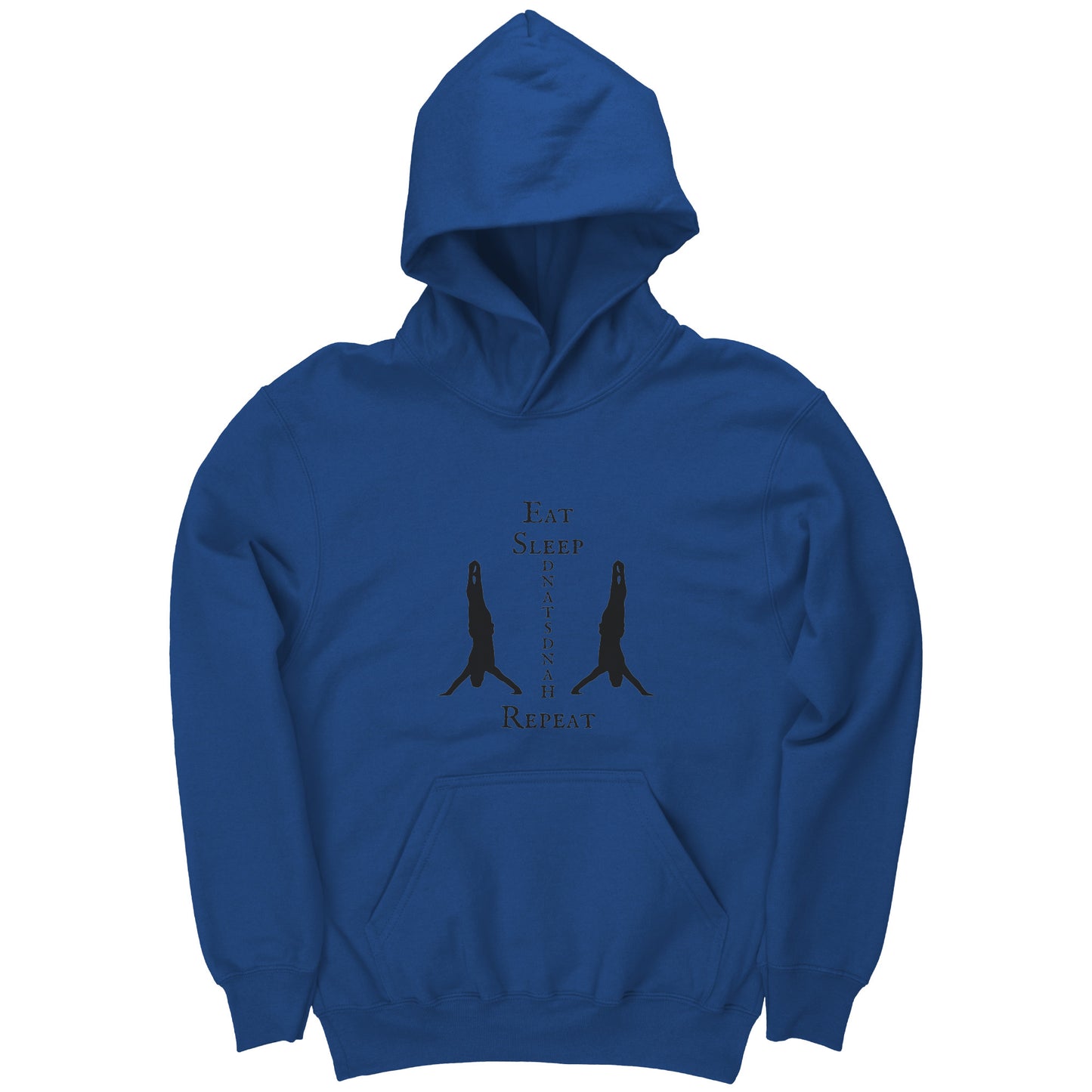 Royal Blue colored Eat, Sleep, Handstand Repeat Children's Gymnastics hoodie. This hoodie says Eat Sleep Handstand Repeat and features two gymnastics in handstands on the front.