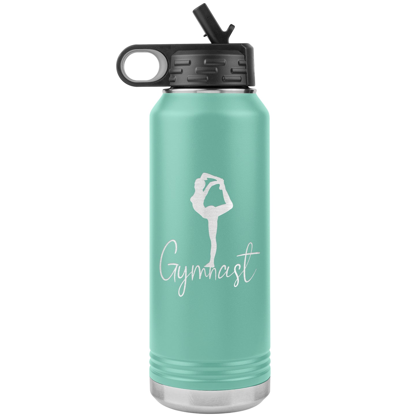 Elegant Gymnast Stainless Steel Water Bottle in teal. It says "Gymnast" with the image of a graceful and elegant gymnast above.