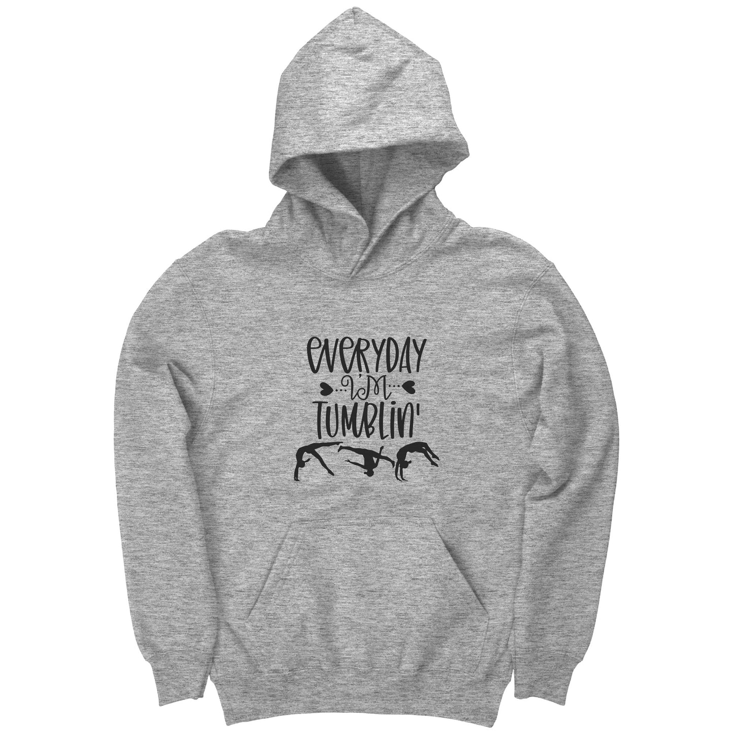 Grey Everyday I'm Tumblin' Children's Pullover Hoodie. This hoodie says "Everyday I'm Tumblin'" on the front with three tumbling gymnasts in black silhouette.