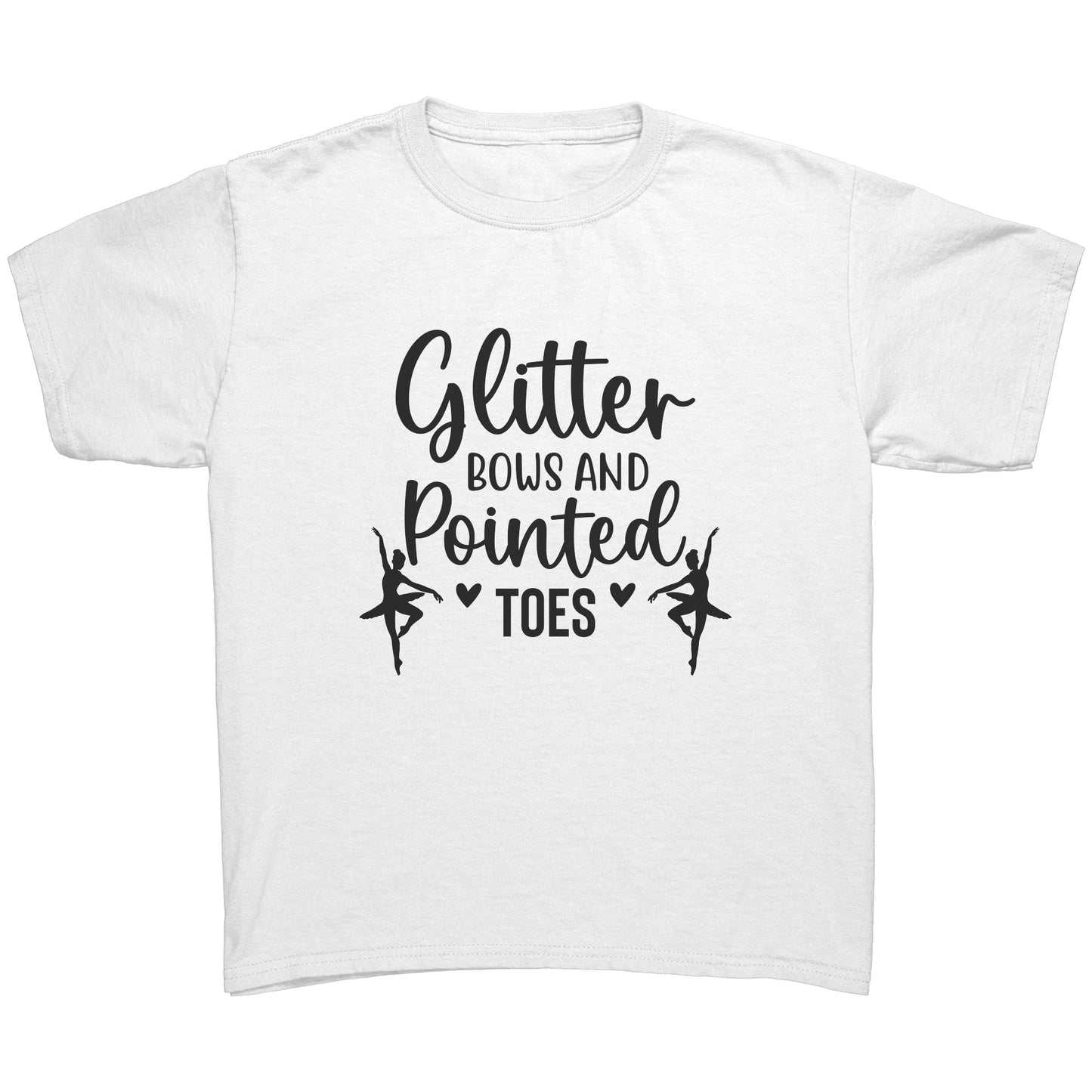 White Glitter Bows and Pointed Toes children's dance t-shirt. This t-shirt says "Glitter Bows and Pointed Toes" in black text on the front and features two dancing ballerinas also in black.