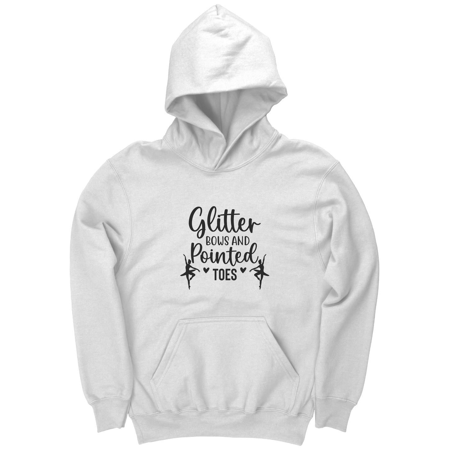 Image of a White Glitter Bows and Pointed Toes children's dance hoodie. This hoodie says "Glitter Bows and Pointed Toes" in black text on the front and features two dancing ballerinas also in black.