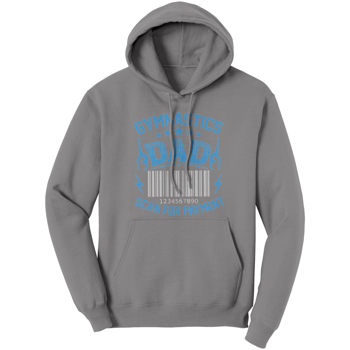 Sport Grey Gymnastics Dad Scan for Payment Men's Hoodie featuring the phrase "Gymnastics Dad, Scan for Payment" talented gymnasts and a barcode graphic.