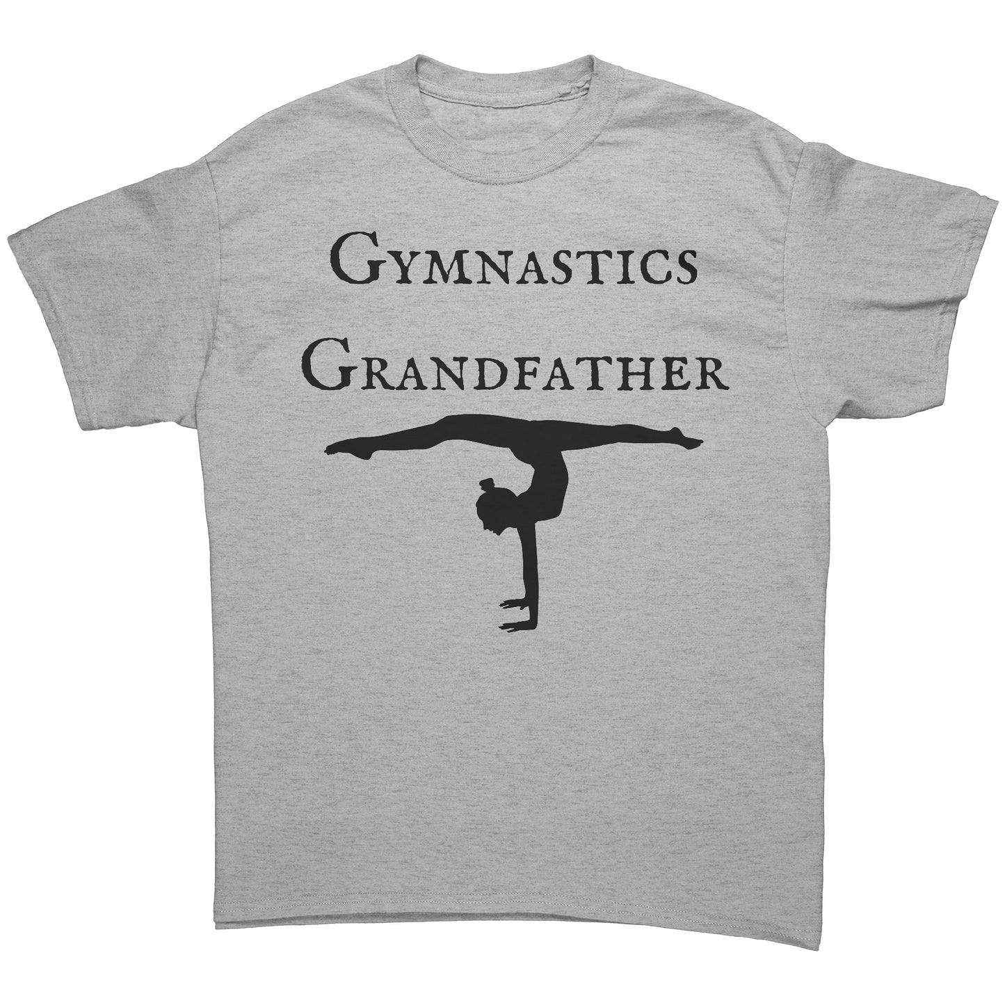 Grey colored gymnastics Grandfather t-shirt that features a bold "Gymnastics Grandfather" text on the front, accompanied by an inspiring image of a female gymnast.