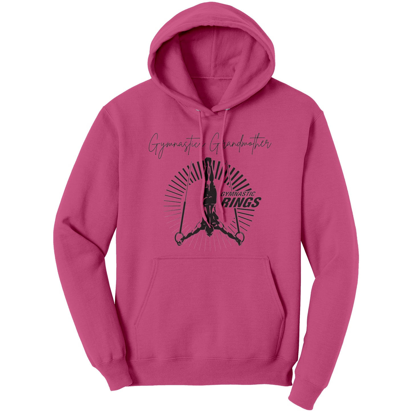 Neon Pink Gymnastics Grandmother sweatshirt features a captivating image of a male gymnast on the rings on the front and the works Gymnastics Grandmother.