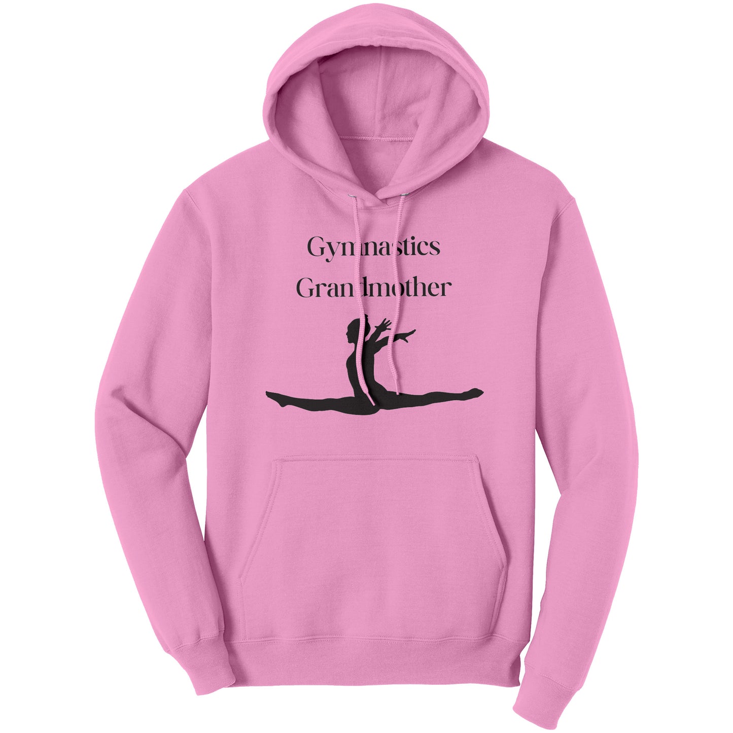 Light Pink colored Gymnastics Grandmother' hoodie with black text that says Gymnastics Grandmother and featuring a captivating image of a leaping gymnast on the front