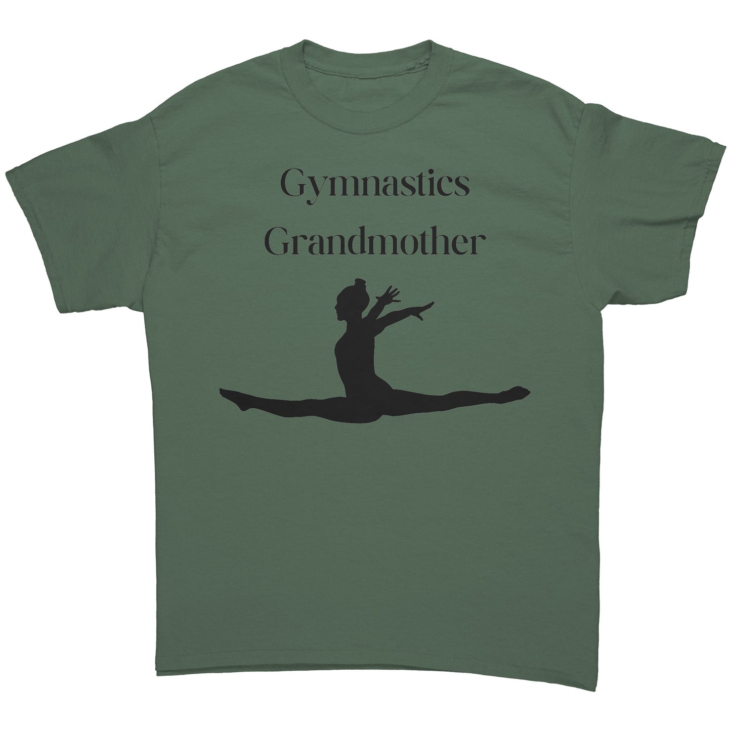 Military Green colored Gymnastics Grandmother' t-shirt with black text that says Gymnastics Grandmother and featuring a captivating image of a leaping gymnast on the front