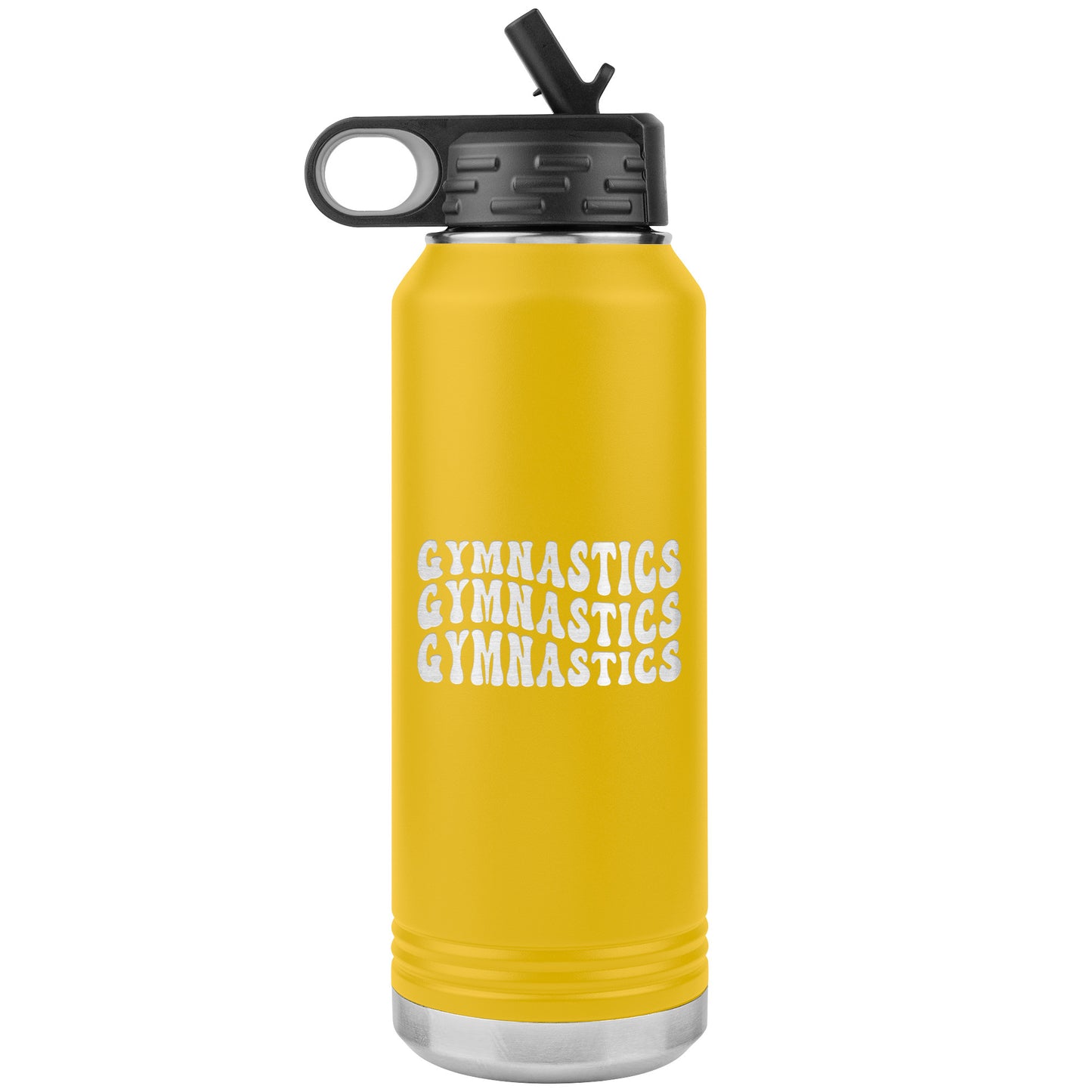 Yellow Gymnastics Gymnastics Gymnastics 32oz Stainless Steel Water Bottle This water bottle says Gymnastics Gymnastics Gymnastics in a fun wavy bubble font.