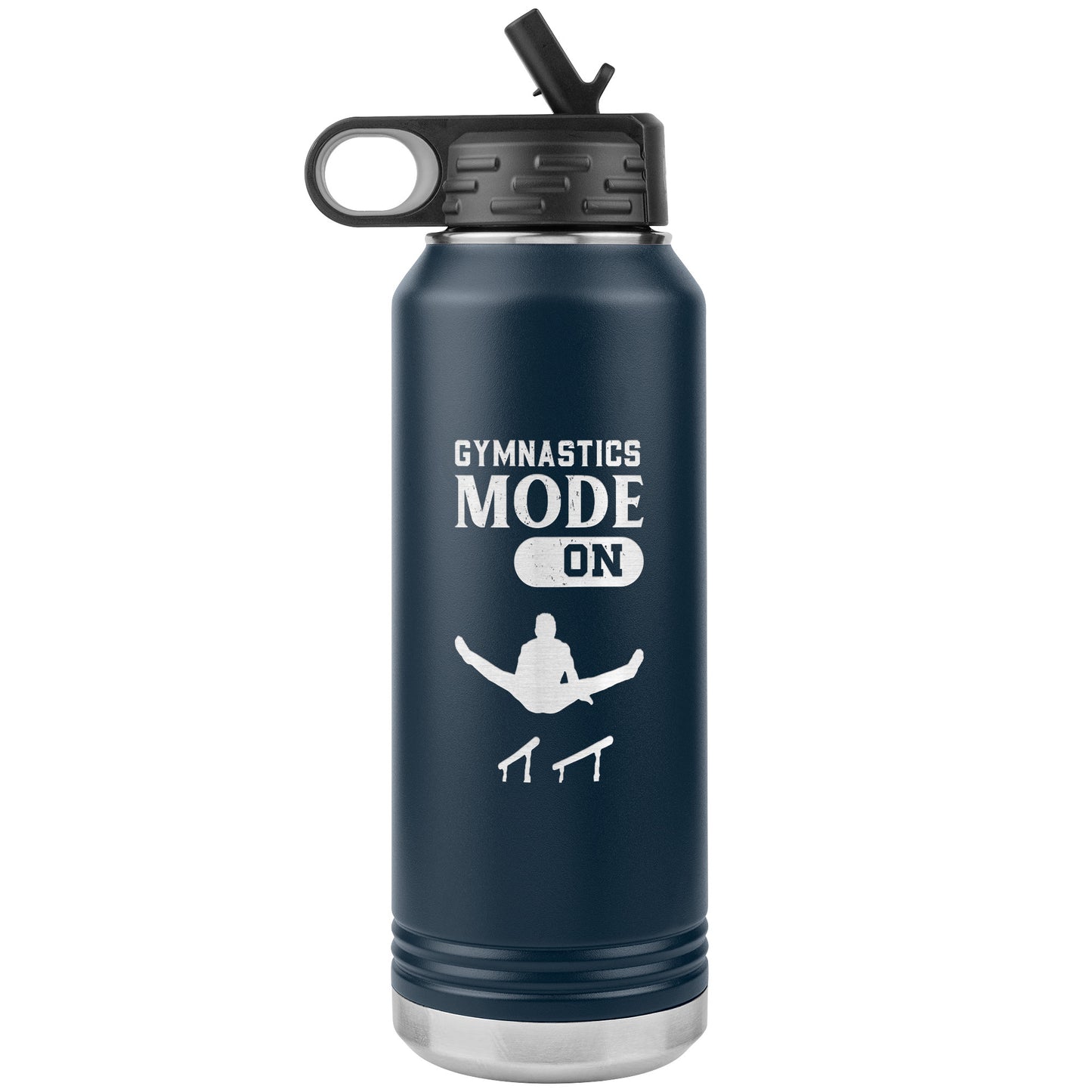 Navy Gymnastics Mode: On Men's Gymnastics Water Bottle. This 32oz stainless steel water bottle says "Gymnastics Mode: On" along with the image of a male gymnast flying above the parallel bars.