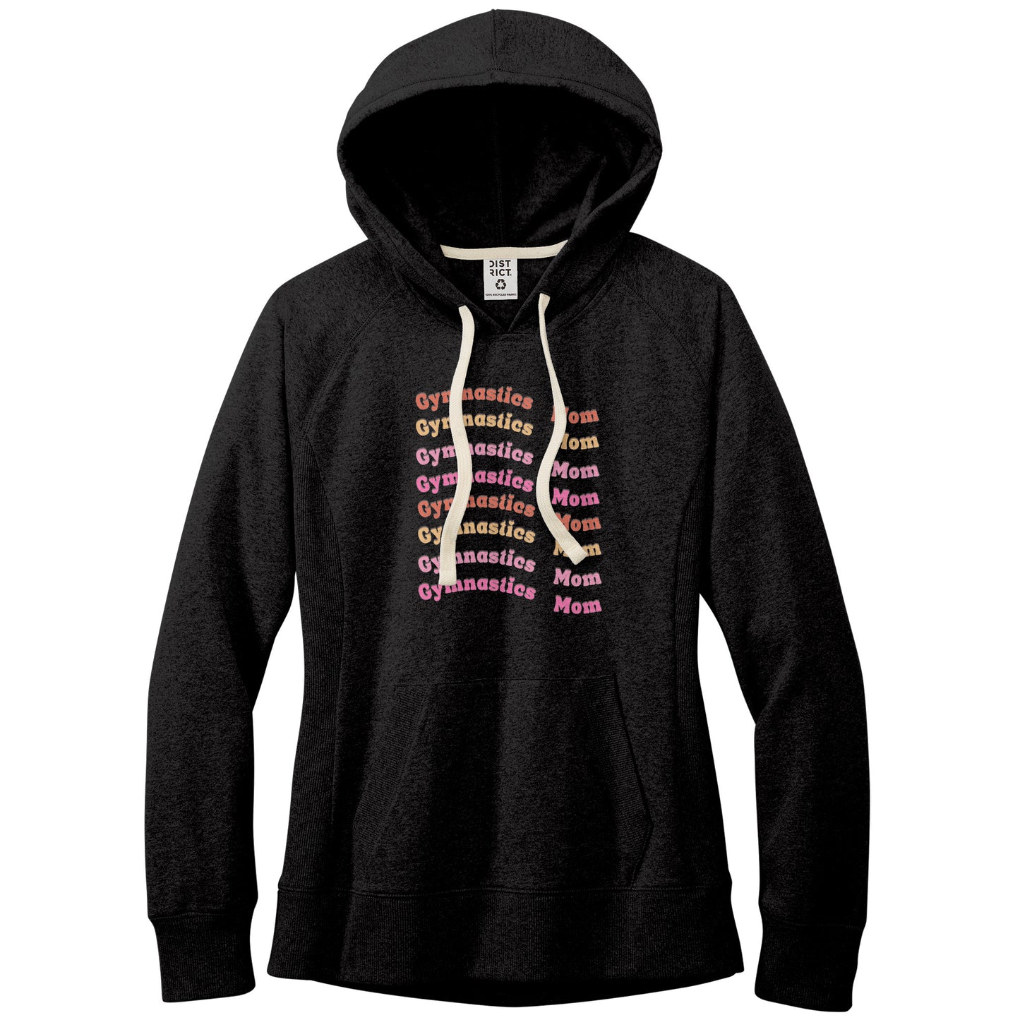 Black Gymnastics Mom Retro Font Women's Hoodie. This hoodie says Gymnastics Mom several times down the front in orange, yellow, and pink wavy retro front.