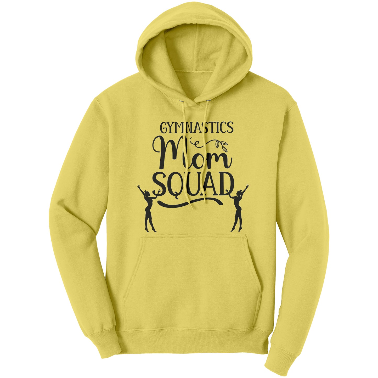 Yellow colored Gymnastics Mom Squad Female Gymnast Hoodie. This hoodie says Gymnastics mom Squad and features the silhouettes of two female gymnasts in black on the front.
