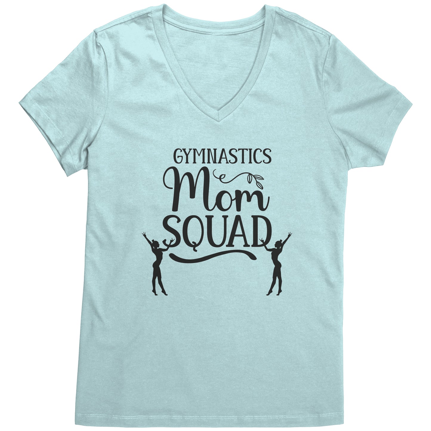 Sea Glass colored Gymnastics Mom Squad Female Gymnast T-Shirt. This hoodie says Gymnastics mom Squad and features the silhouettes of two female gymnasts in black on the front.
