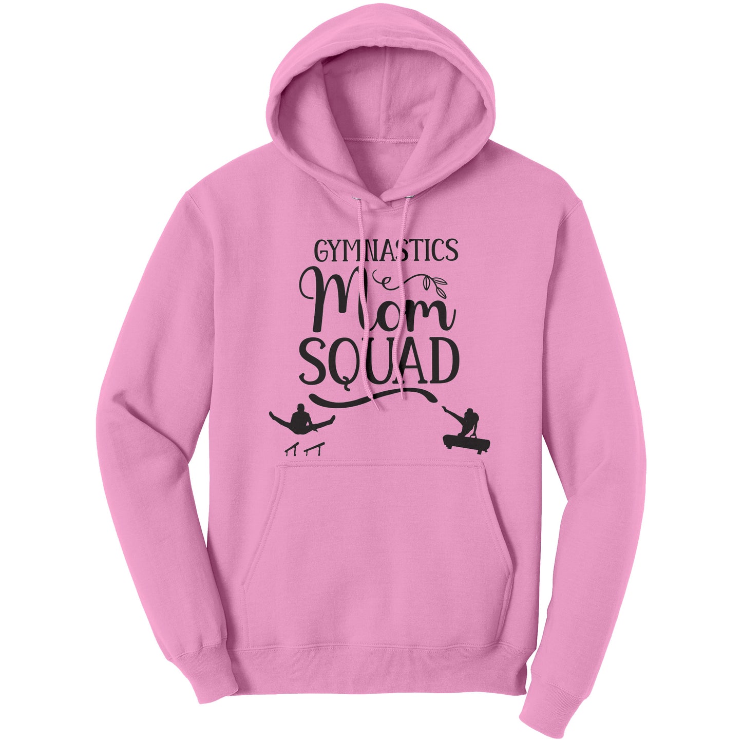 Gymnastics Mom Squad Male Gymnast Hoodie. This Light Pink Hoodie features a male gymnast on the parallel bars and one on pommel horse, along with the phrase Gymnastics Mom Squad.