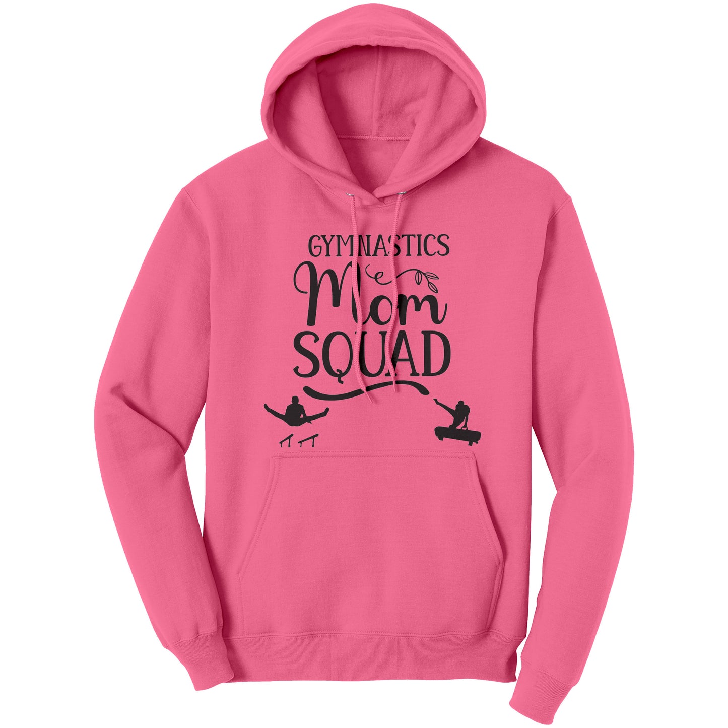 Gymnastics Mom Squad Male Gymnast Hoodie. This Neon Pink Hoodie features a male gymnast on the parallel bars and one on pommel horse, along with the phrase Gymnastics Mom Squad.