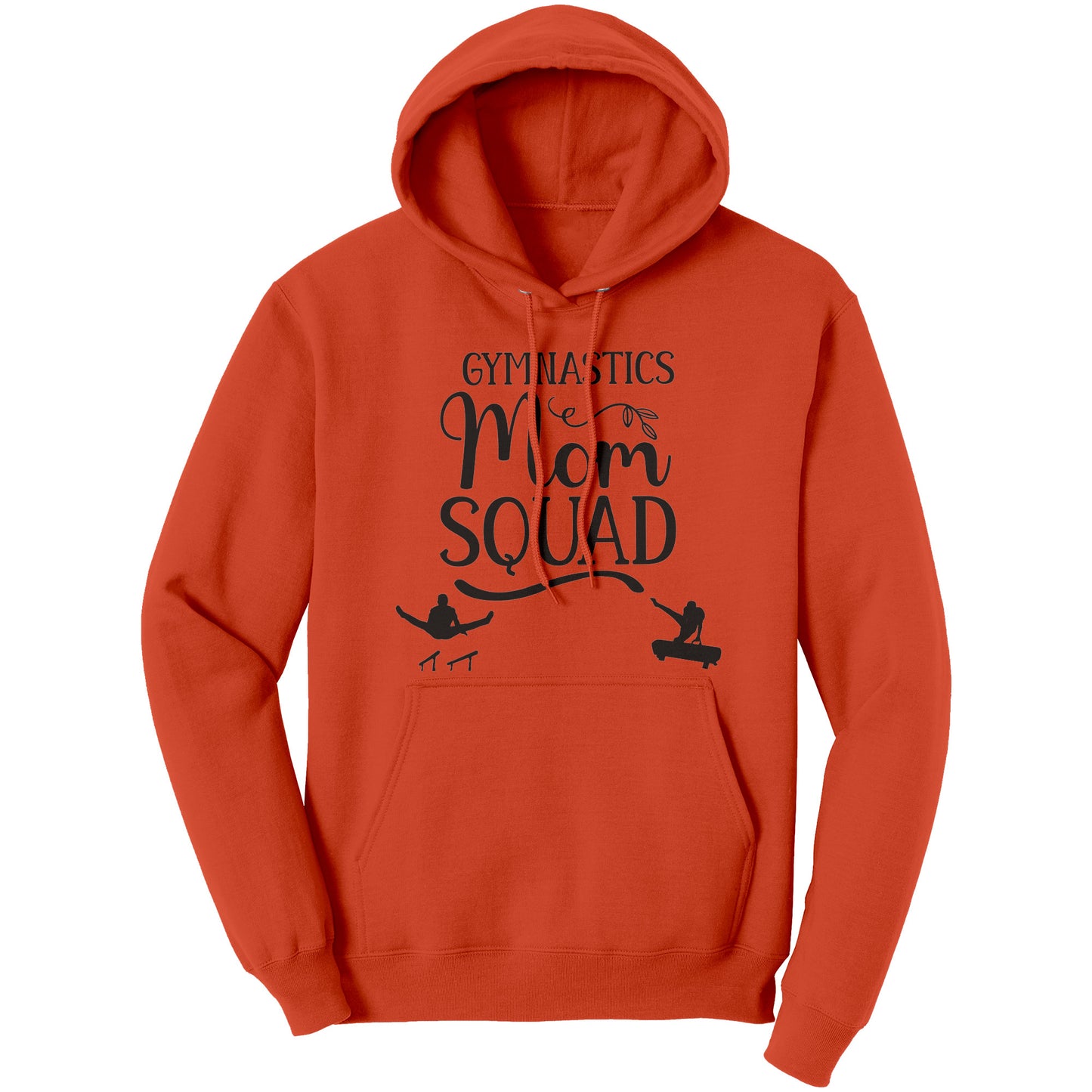Gymnastics Mom Squad Male Gymnast Hoodie. This Orange Hoodie features a male gymnast on the parallel bars and one on pommel horse, along with the phrase Gymnastics Mom Squad.