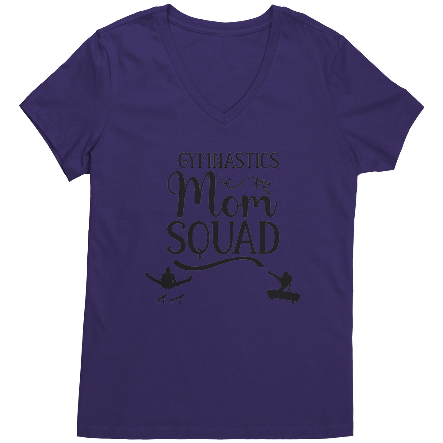 Purple olored V-neck t-shirt Gymnastics Mom Squad Male Gymnast T-shirt. This t-shirt features a male gymnast on the parallel bars and one on pommel horse, along with the phrase Gymnastics Mom Squad.