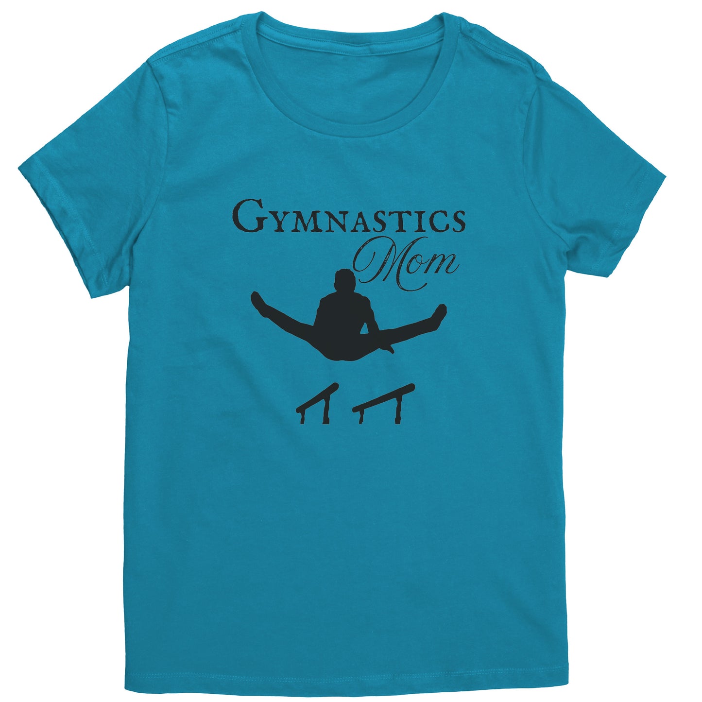 Bright Turquoise Colored Gymnastics Mom Women's T-Shirt, Parallel Bars Design says Gymnastics Mom and features the silhouette of male gymnast on the parallel bars.