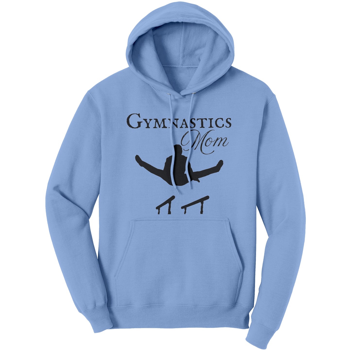 This Gymnastics Mom Women's Hoodie, Parallel Bars Design says Gymnastics Mom and features the silhouette of male gymnast on the parallel bars. This hoodie is light blue with matching pocket and string.