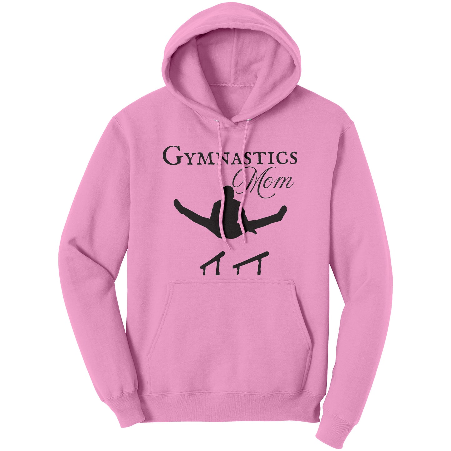 This Gymnastics Mom Women's Hoodie, Parallel Bars Design says Gymnastics Mom and features the silhouette of male gymnast on the parallel bars. This hoodie is pink with matching pocket and string.