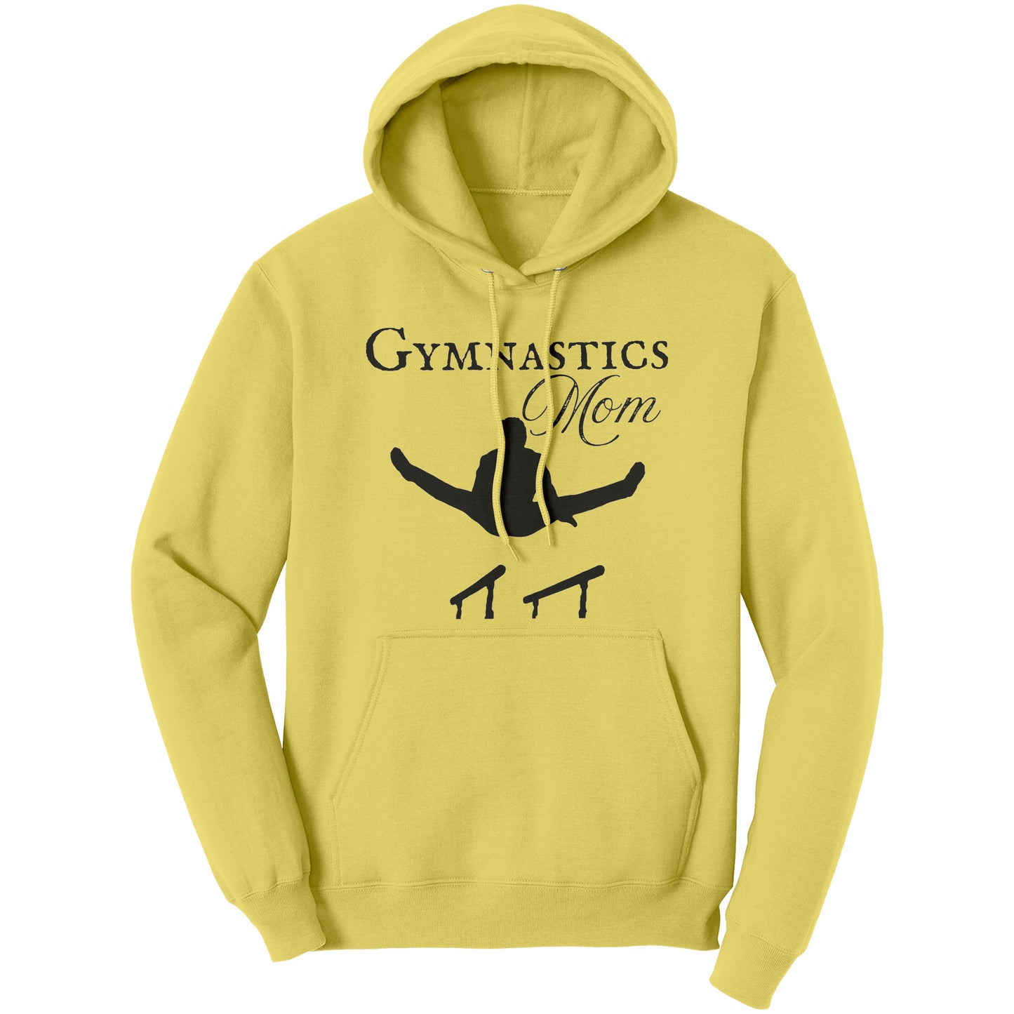 This Gymnastics Mom Women's Hoodie, Parallel Bars Design says Gymnastics Mom and features the silhouette of male gymnast on the parallel bars. This hoodie is yellow with matching pocket and string.